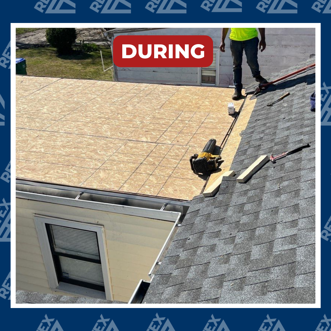 A during-installation image of a RETEX flat roof replacement in Richmond, VA.