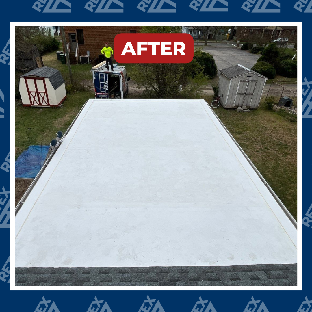 A graphic showing an after-installation image of a RETEX flat roof replacement in Richmond, VA.