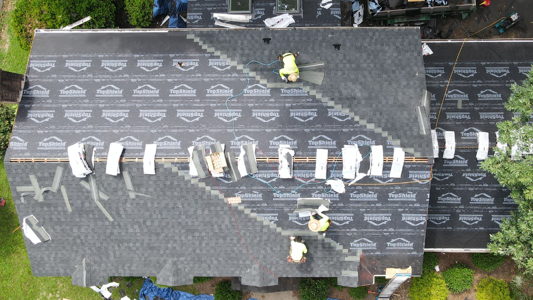Aerial drone image of RETEX roof replacement in North Chesterfield VA 23235.
