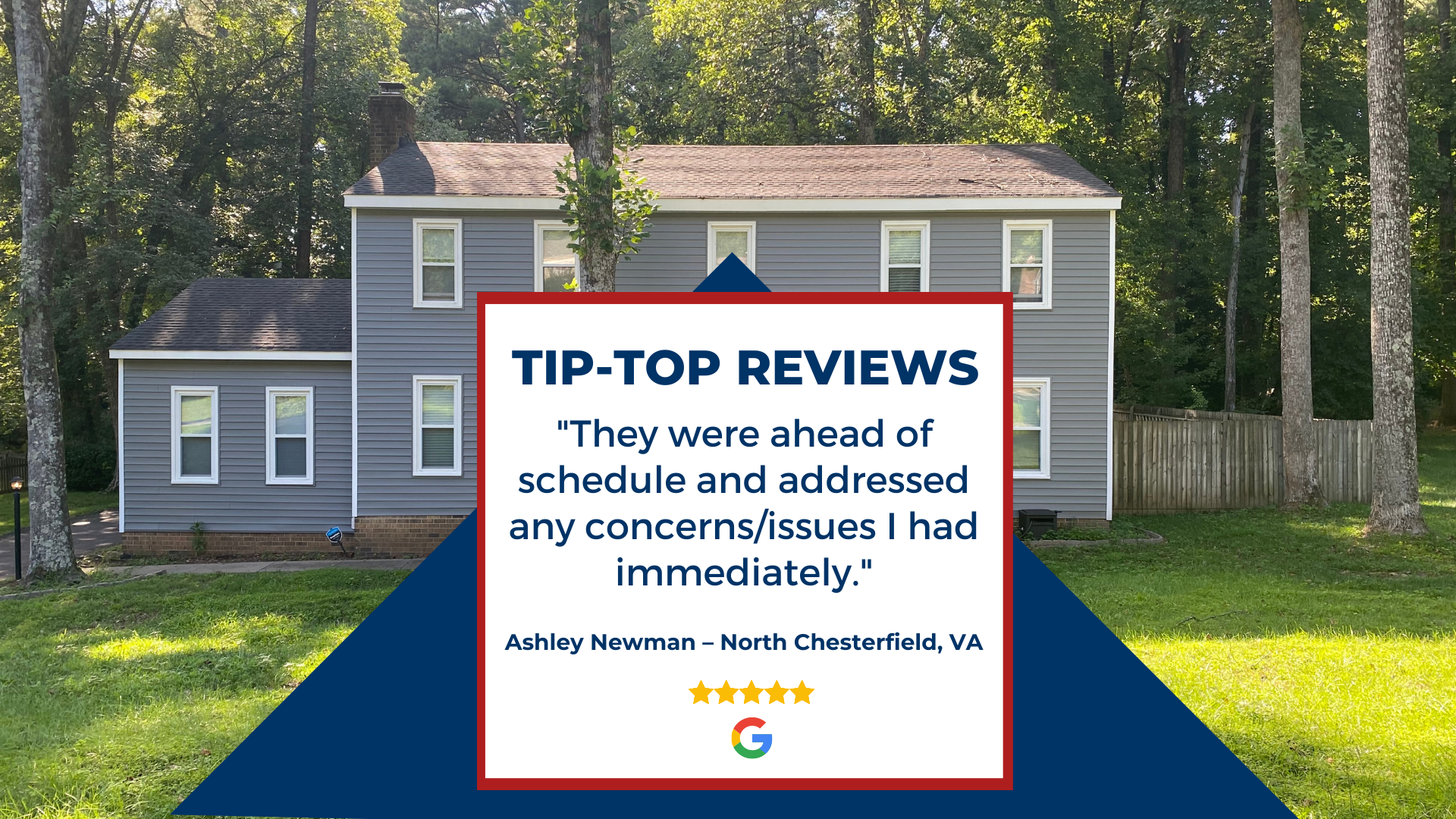 Client Google review: They were ahead of schedule and addressed any concerns/issues I had immediately.