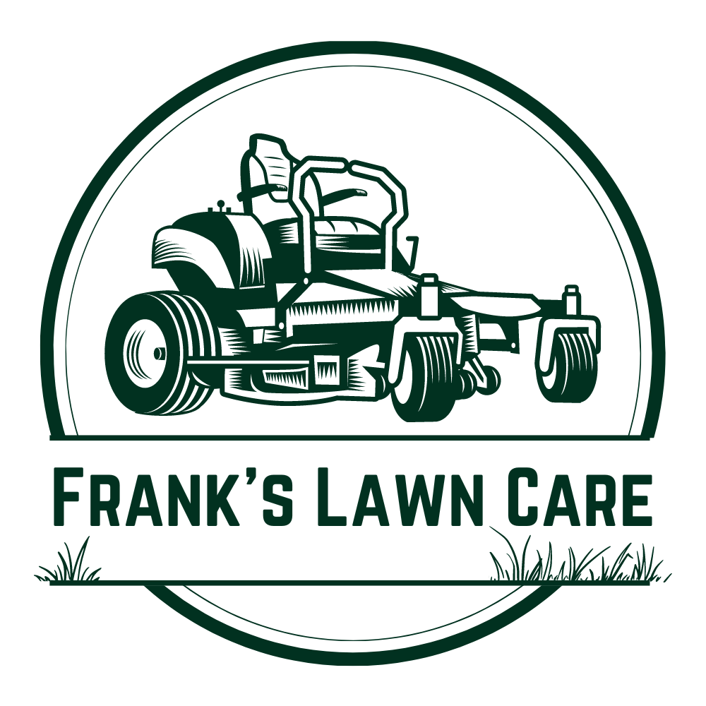 The logo for frank 's lawn care shows a lawn mower in a circle.