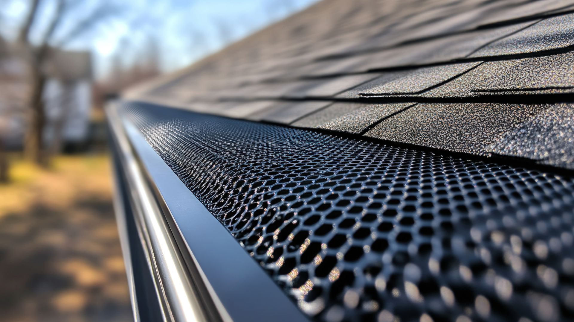 Close-up of black mesh gutter guard installed along a shingle roof edge.