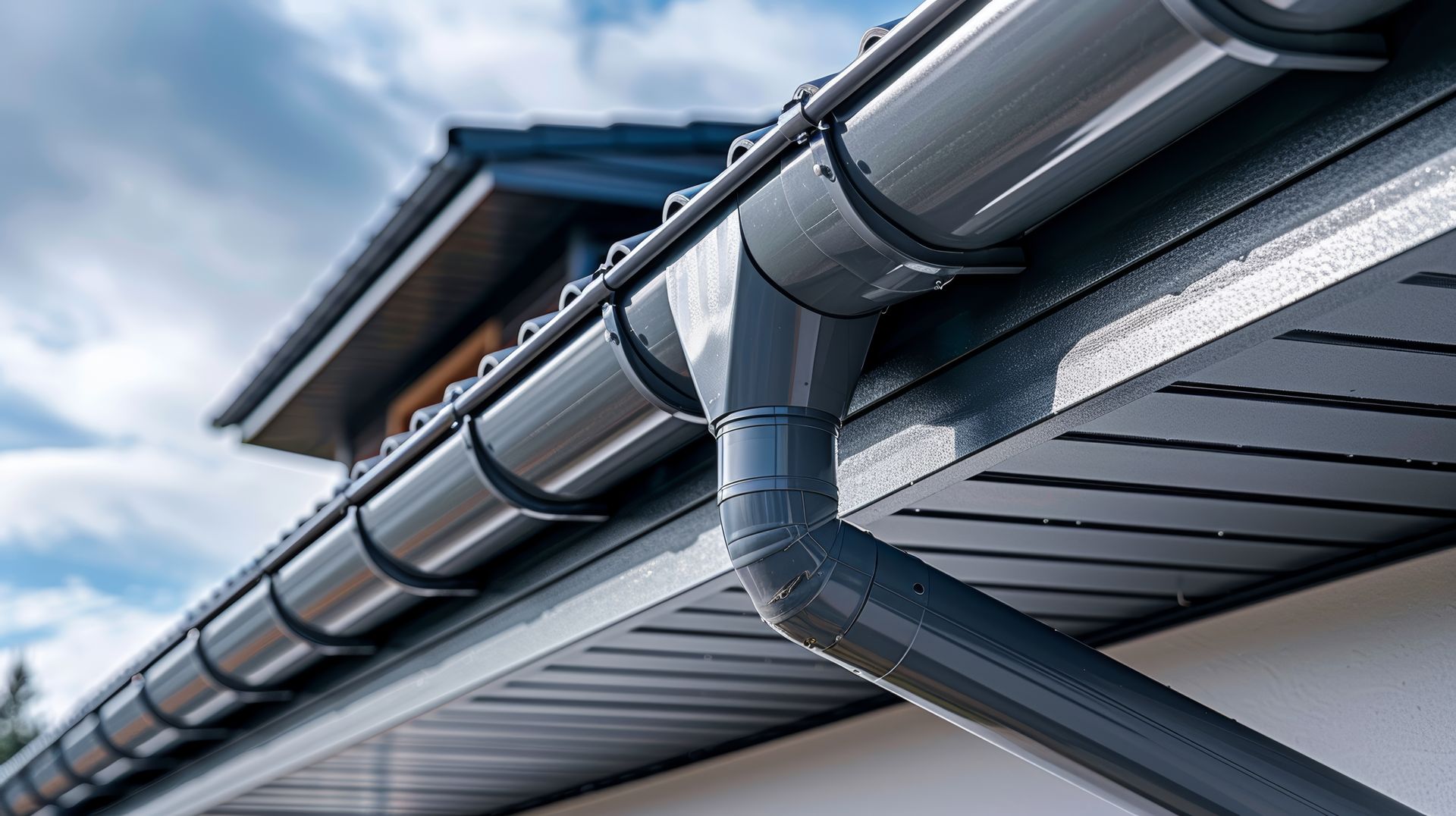 Grey metal downpipes connected to roof guttering along a modern home’s eaves.