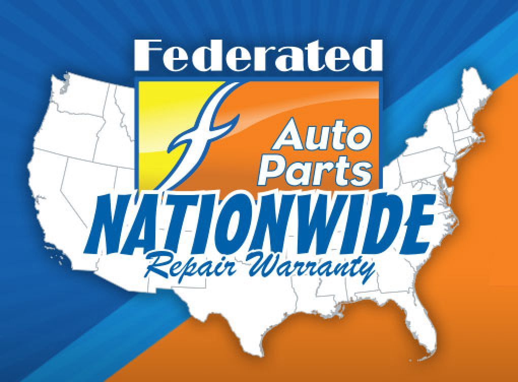 Federated Auto Parts Nationwide Repair Warranty logo over a U.S. map with blue and orange colors. | Burrough & Sons Automotive Inc.