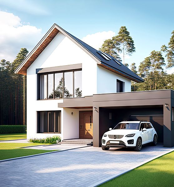 Modern two-story white house with a car in the attached garage, set on a green lawn with a long driveway.