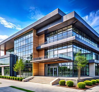 Modern three-story office building with a glass facade, wood accents, and a landscaped entrance under a clear blue sky.