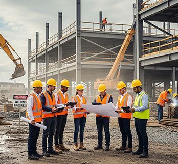 A group of construction professionals in high-visibility vests and hard hats review blueprints at an active building site.