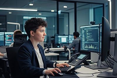 Person with curly hair, working at a computer in an office, coding on a monitor.