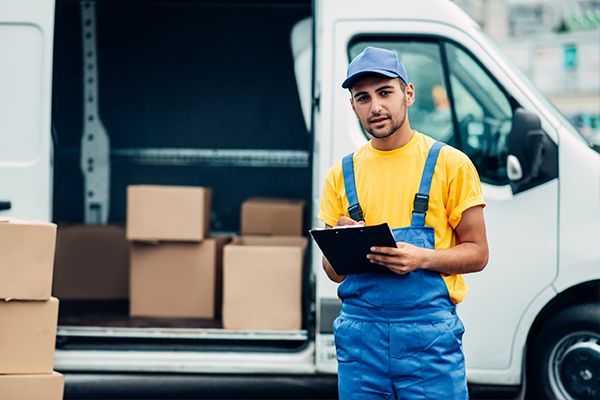 Delivery person with clipboard standing in front of a van filled with boxes.