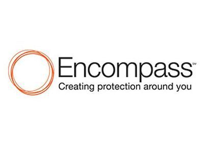 Logo for Encompass, with a stylized orange circle and the company name. Text: 