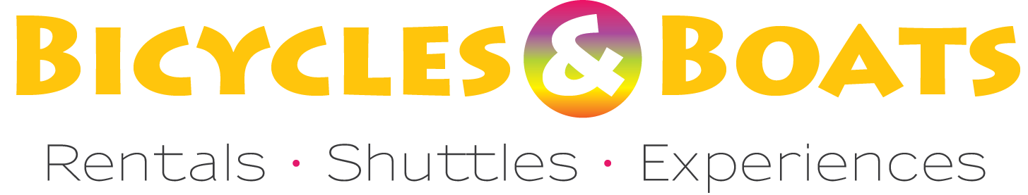 A logo for bicycles and boats ebike kayak and paddleboard rentals
