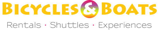 A logo for bicycles and boats ebike kayak and paddleboard rentals