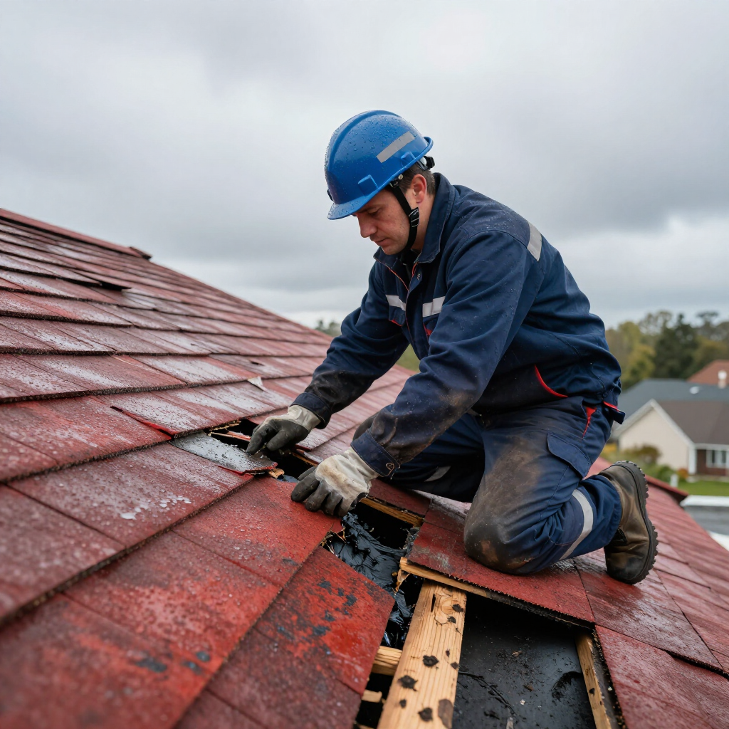 A worker in a blue uniform and hard hat repairing a red tiled roof on a cloudy day.