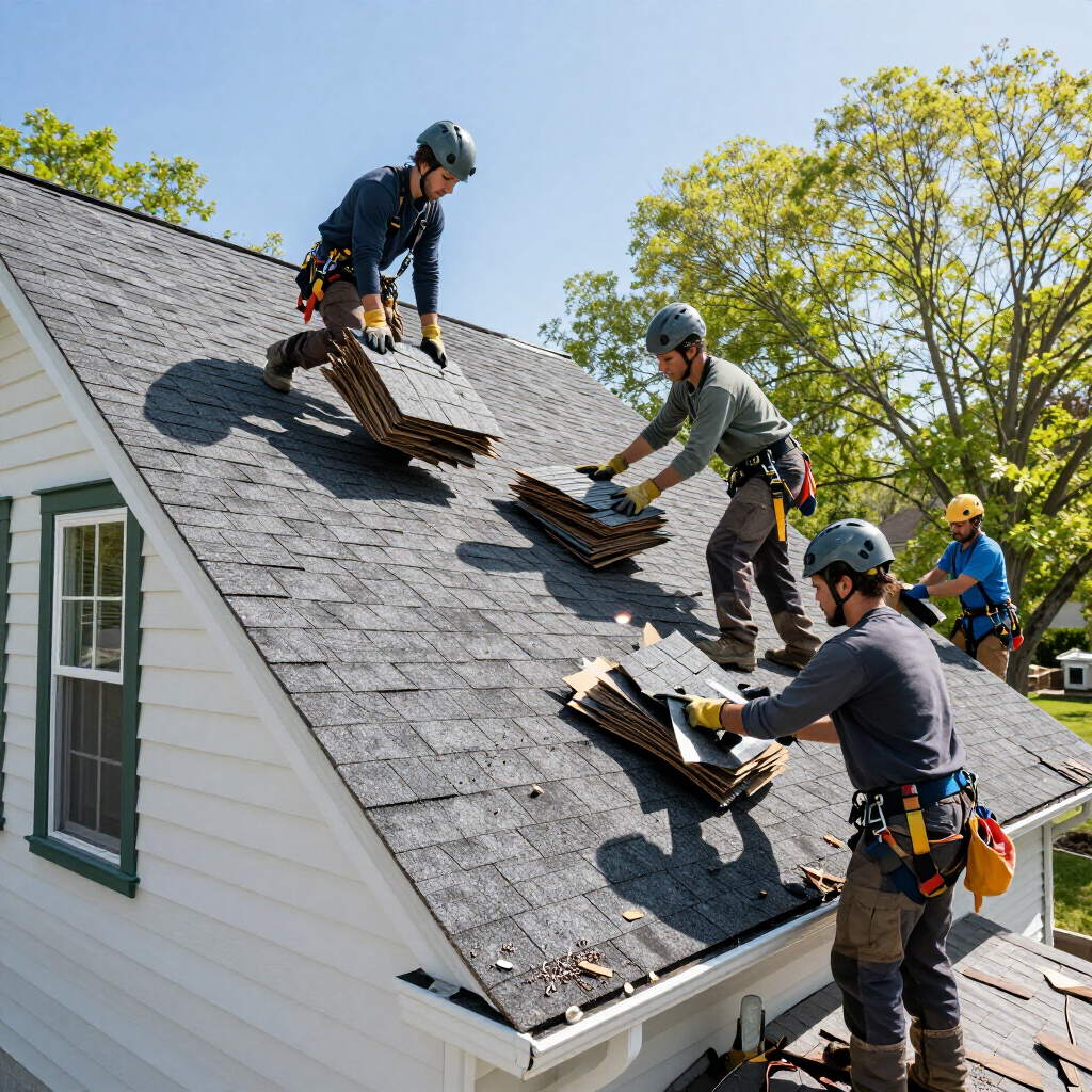 Four workers in safety gear and helmets install shingles on a residential roof.