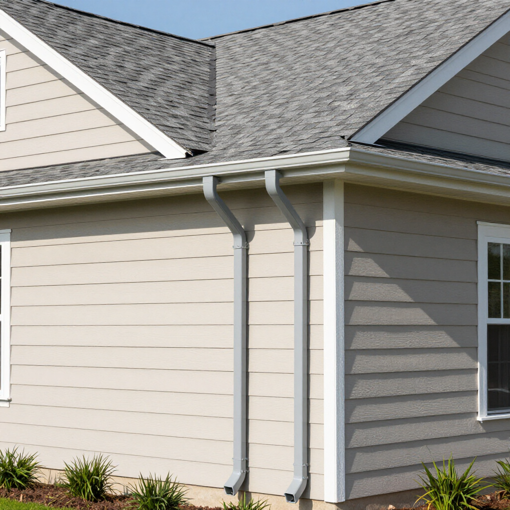 Light-colored house exterior with two grey metal downspouts mounted on the siding near a corner and a window.