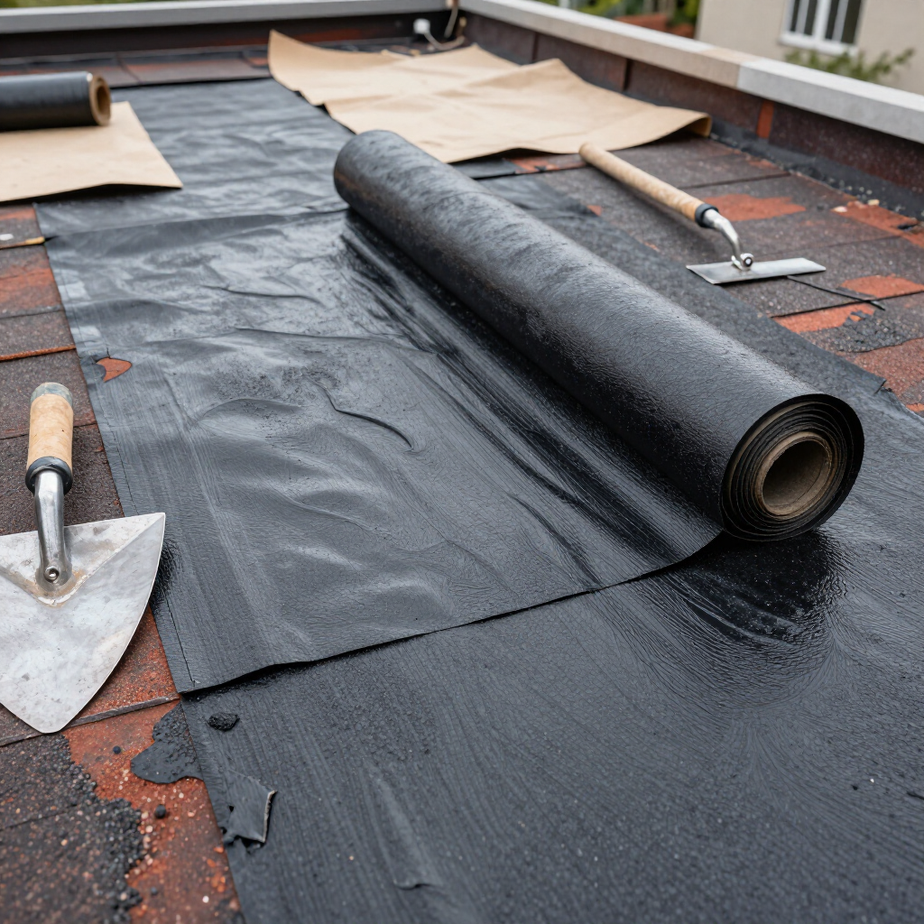 A roll of black roofing felt lies on a partially covered red shingle roof next to two metal trowels.