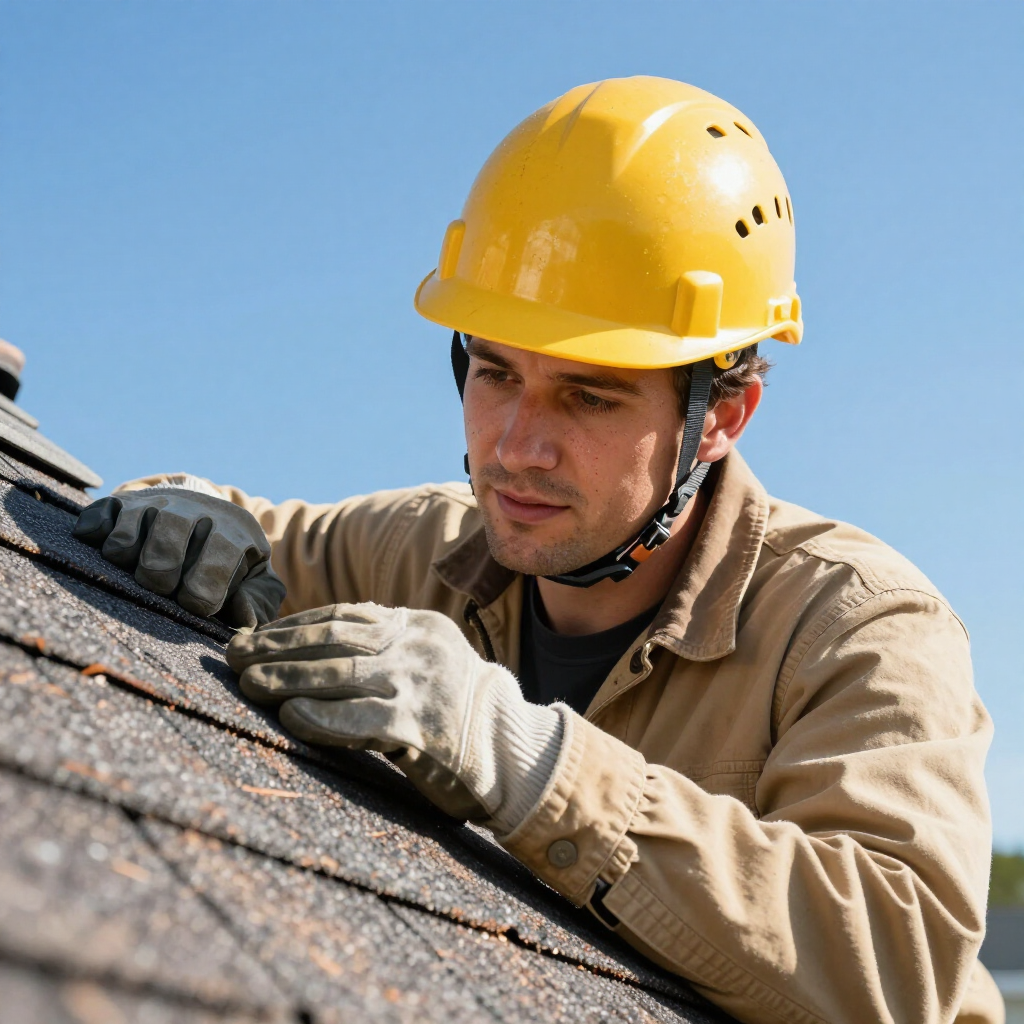 A person in a yellow hard hat and work gloves kneeling on a residential roof, inspecting the asphalt shingles.