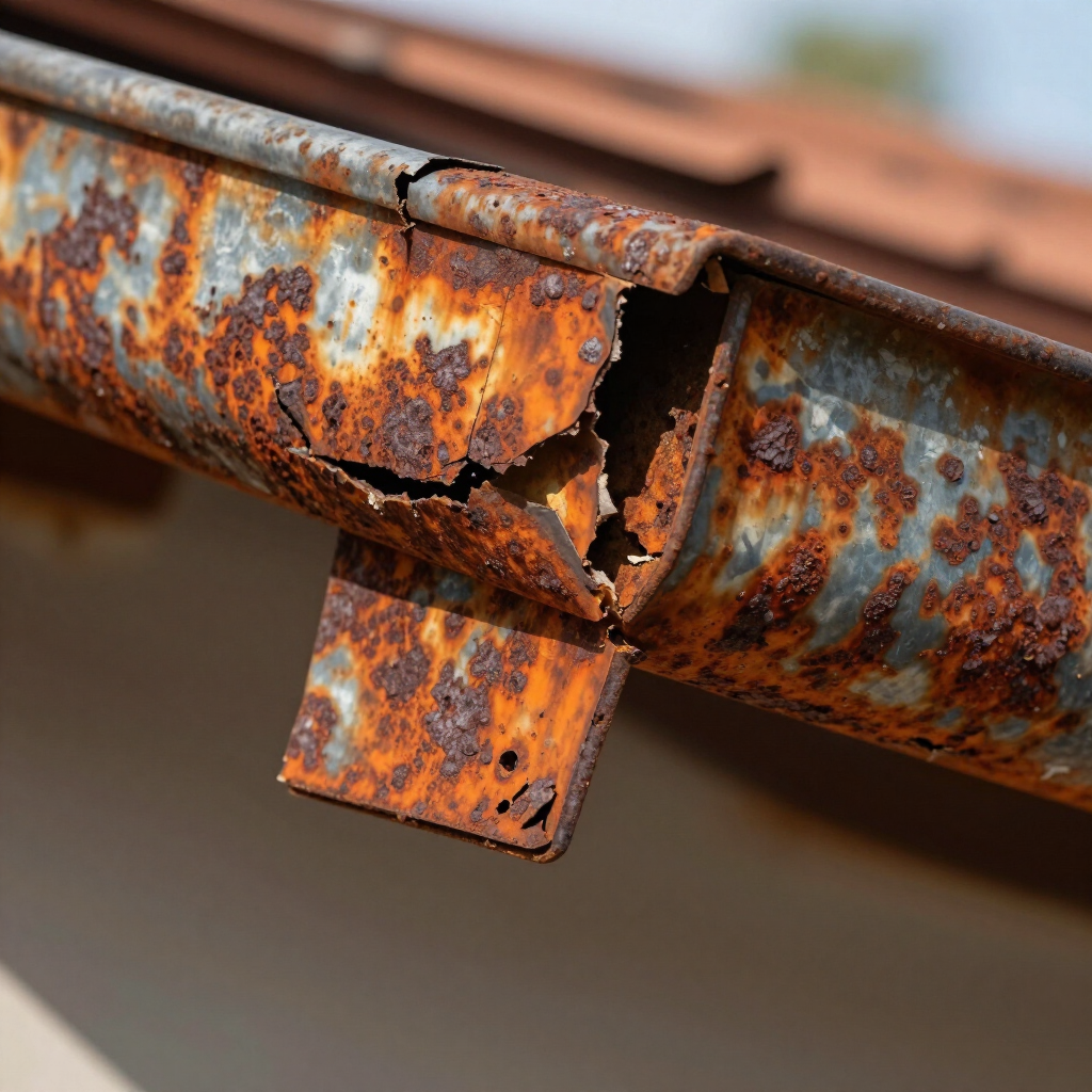 A heavily rusted metal roof gutter with a significant crack and structural damage.