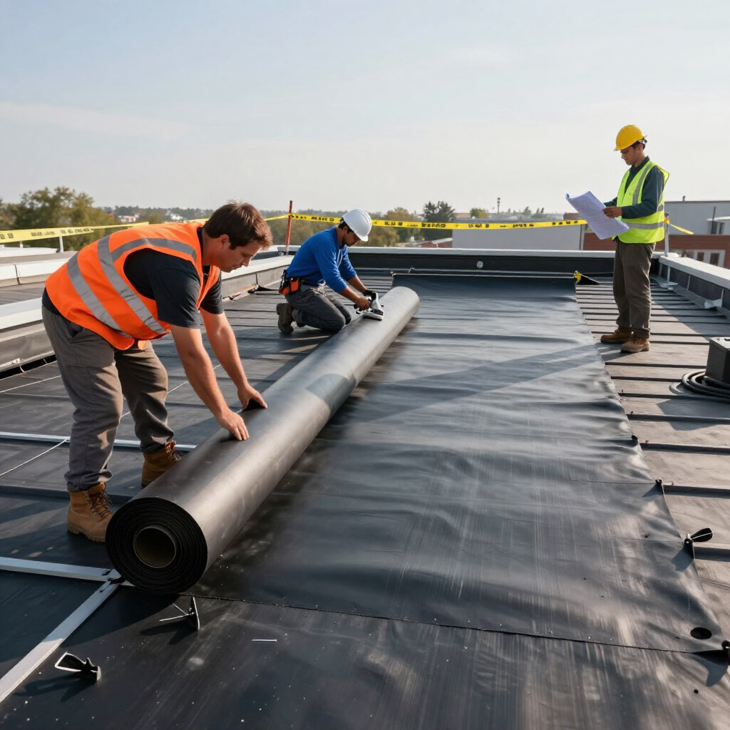 Three construction workers in hard hats and safety vests install a large roll of black roofing membrane on a flat roof.