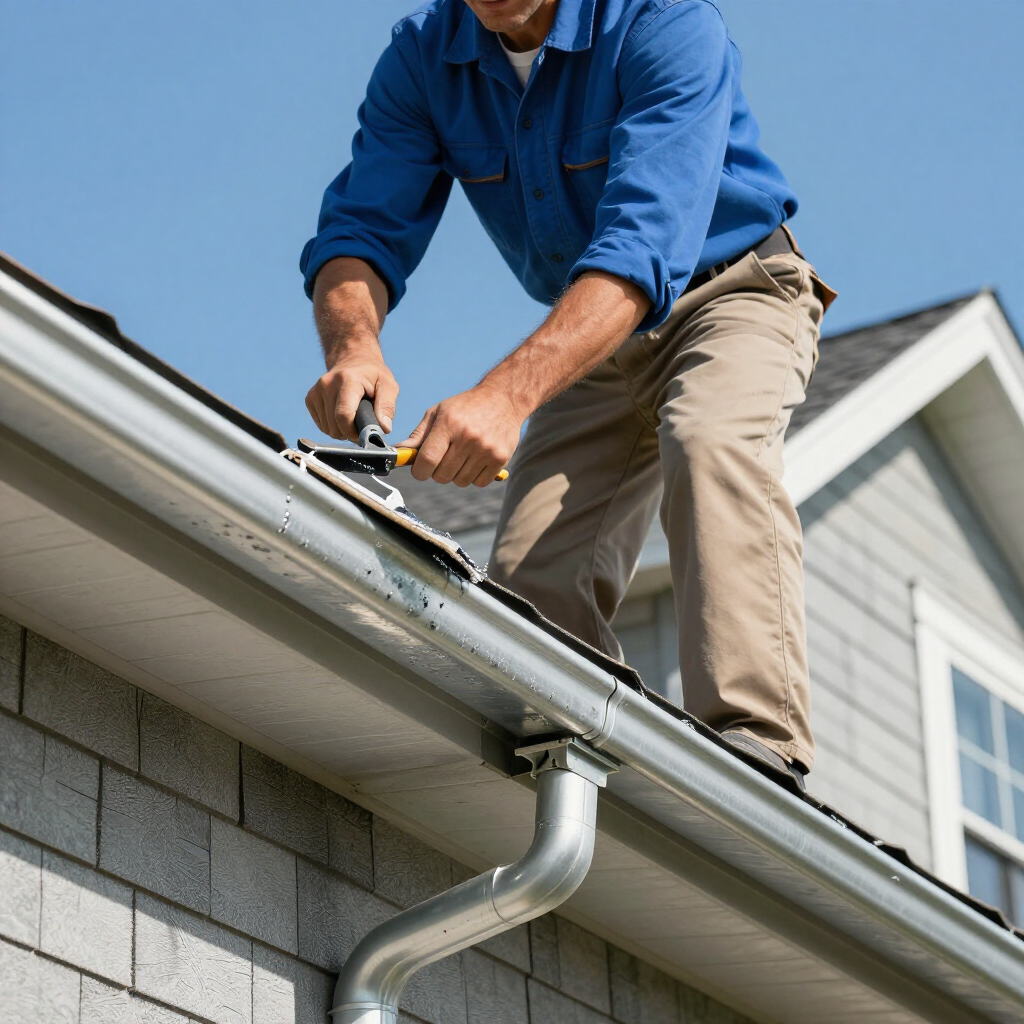 A worker in a blue shirt and khaki pants installs a metal gutter system onto the edge of a house roof.