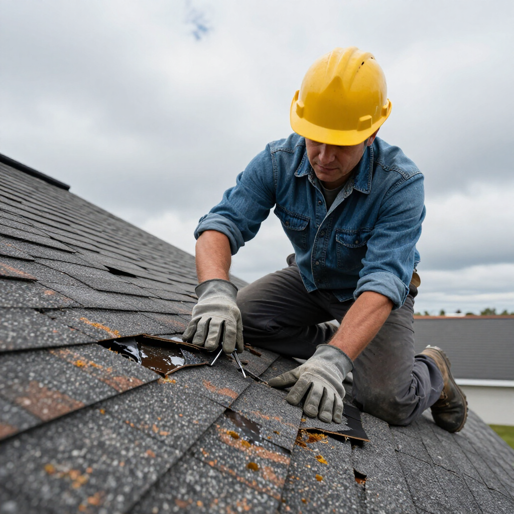 A person in a yellow hard hat and work gloves repairing damaged shingles on a roof.