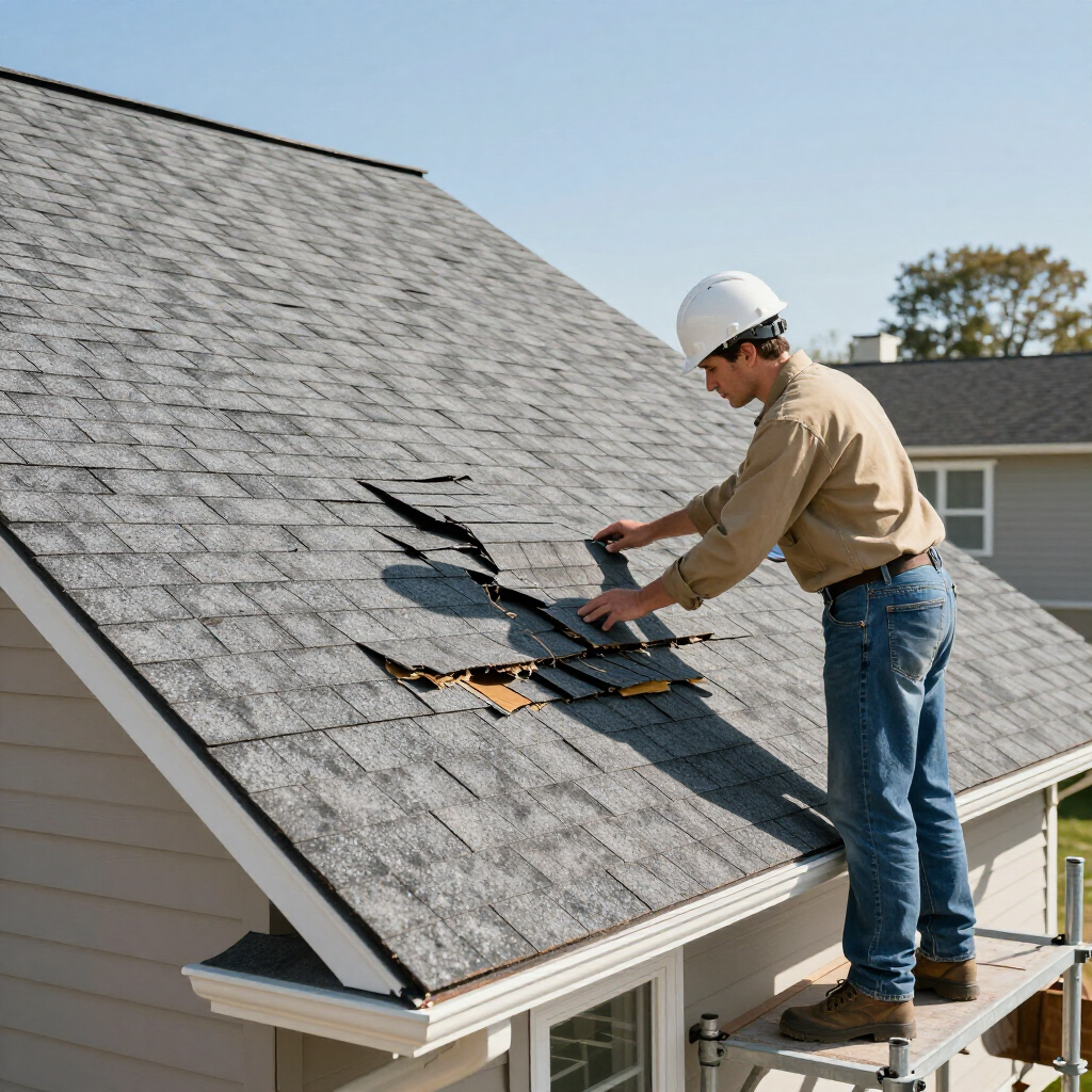 A worker in a hard hat inspects damaged roof shingles from a metal scaffold.