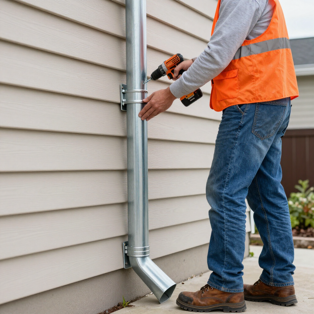 A worker in an orange safety vest uses a cordless drill to secure a metal downspout to the side of a building.