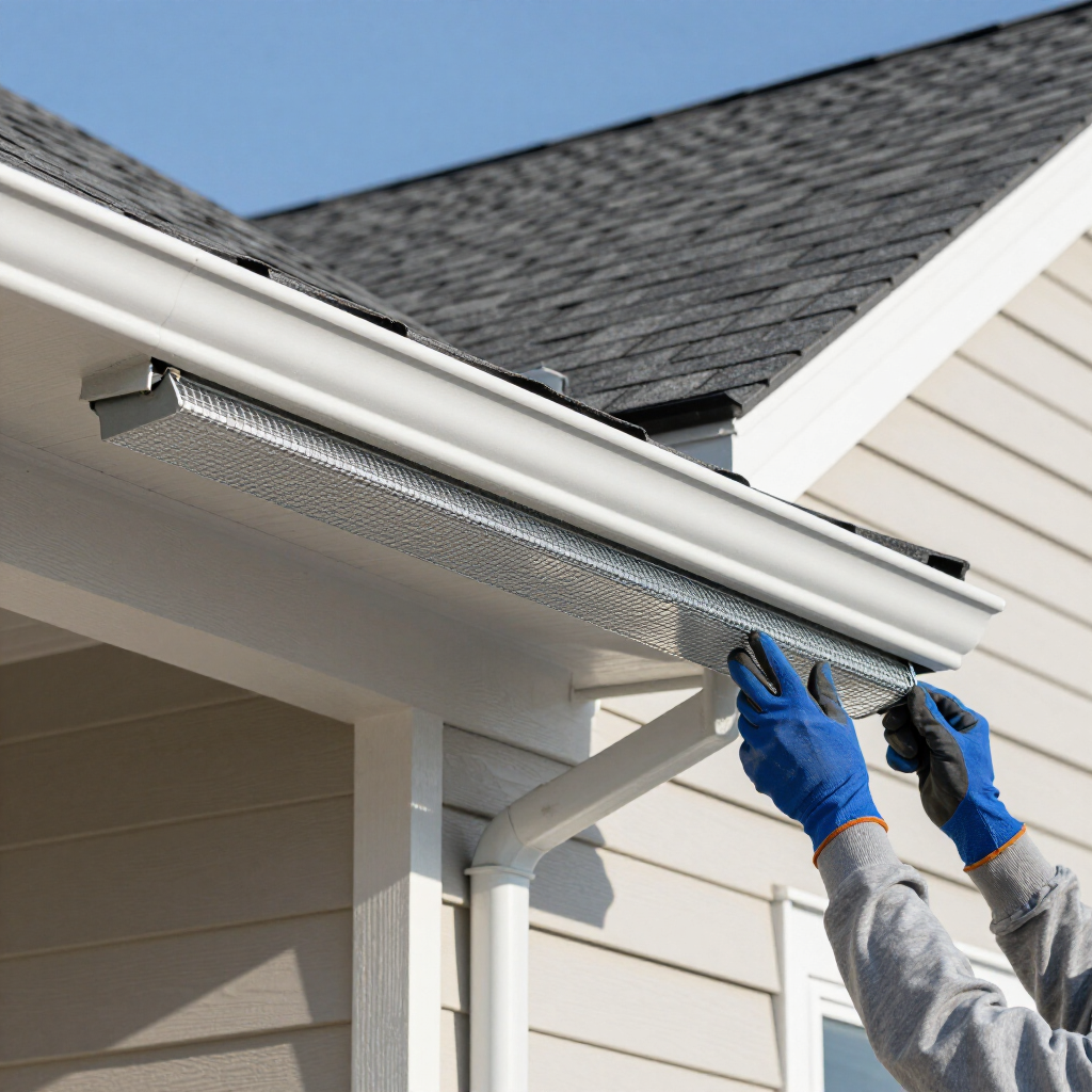 Hands in blue work gloves installing a silver metal mesh gutter guard on a white house exterior.