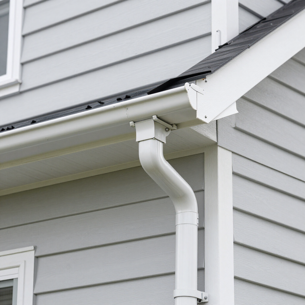 A white gutter and downspout system attached to the corner of a light grey, vinyl-sided residential house.