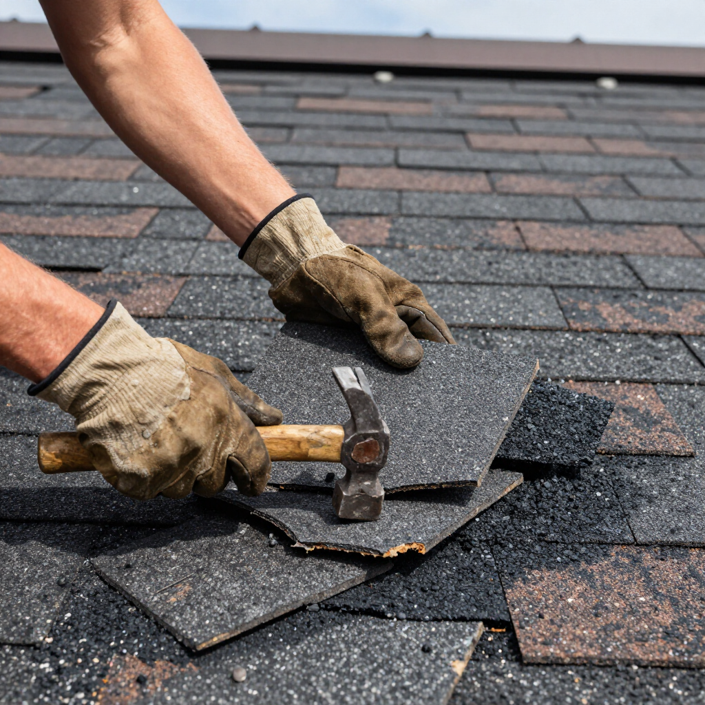 A person wearing tan work gloves uses a hammer to secure a dark asphalt shingle onto a rooftop.