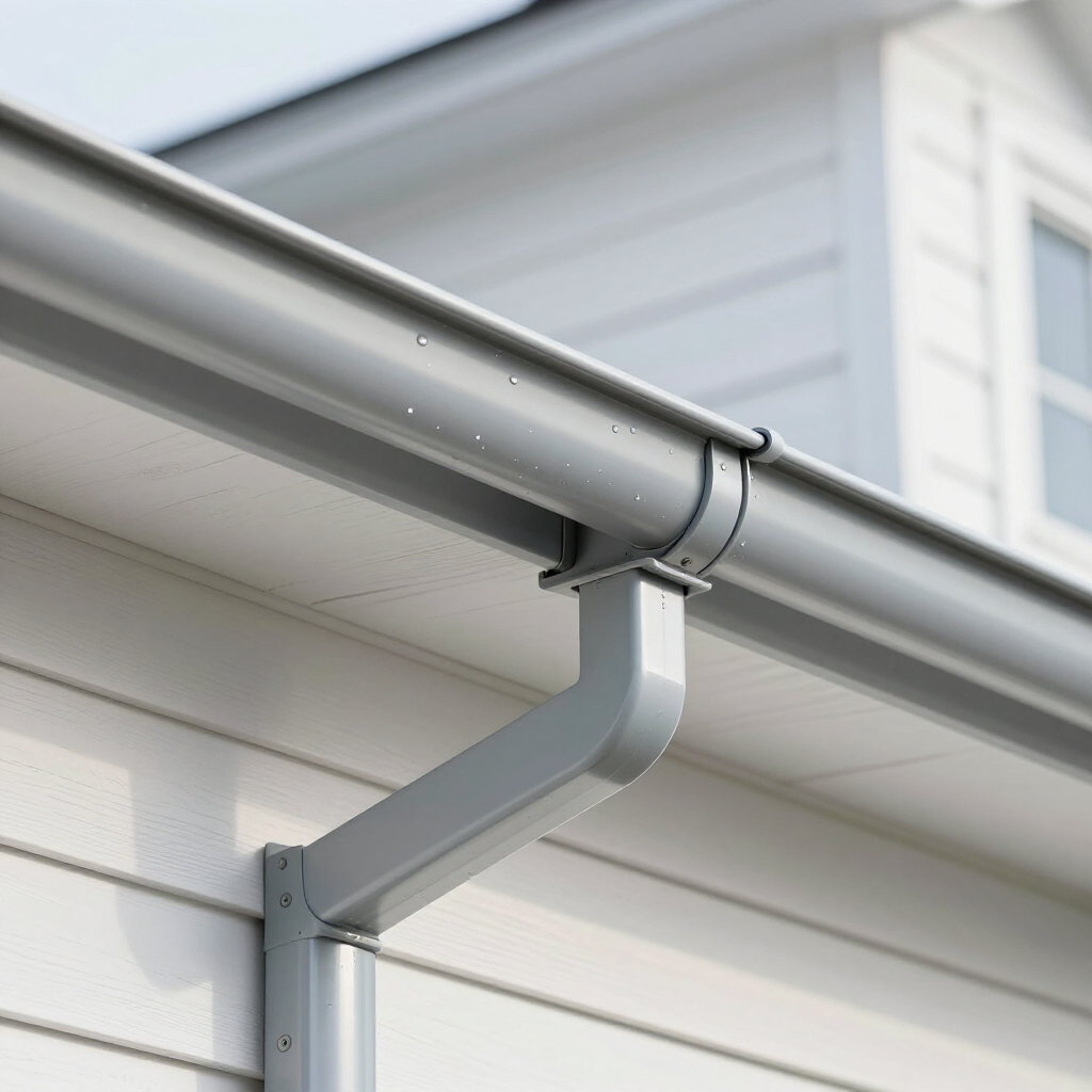 A close-up of a light gray metal rain gutter and downspout attached to the side of a white horizontal-sided building.