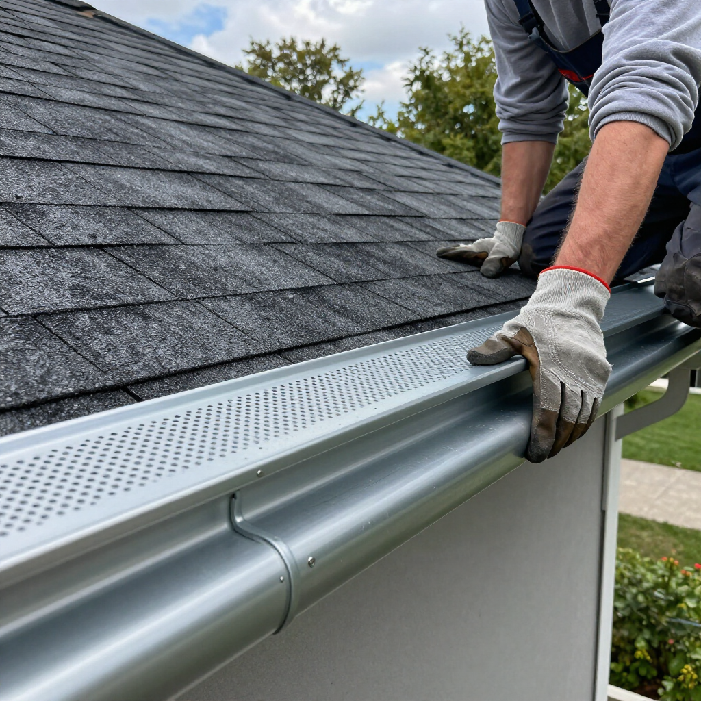 A worker wearing gloves installs a silver metal gutter guard along the edge of a shingled roof.