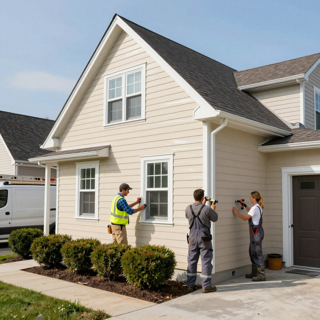 Three construction workers in work clothes and gear install siding on the exterior wall of a suburban house.