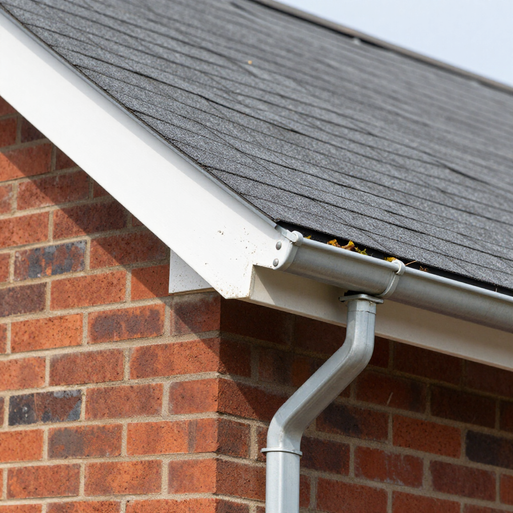 A low-angle view of a grey shingled roof edge with a white fascia board, a gutter, and a downspout against a brick wall.