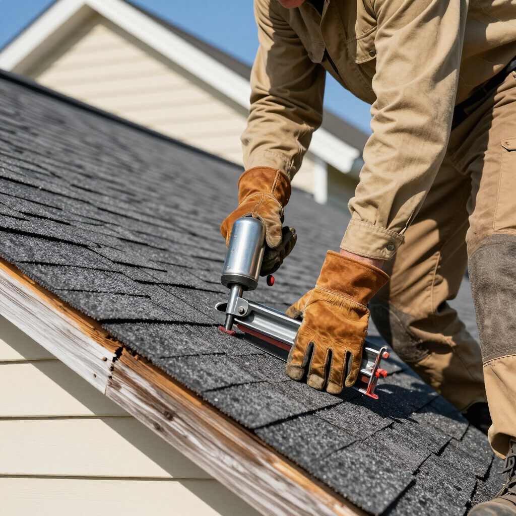 A person wearing tan work clothes and brown gloves uses a pneumatic nail gun to install shingles on a residential roof.