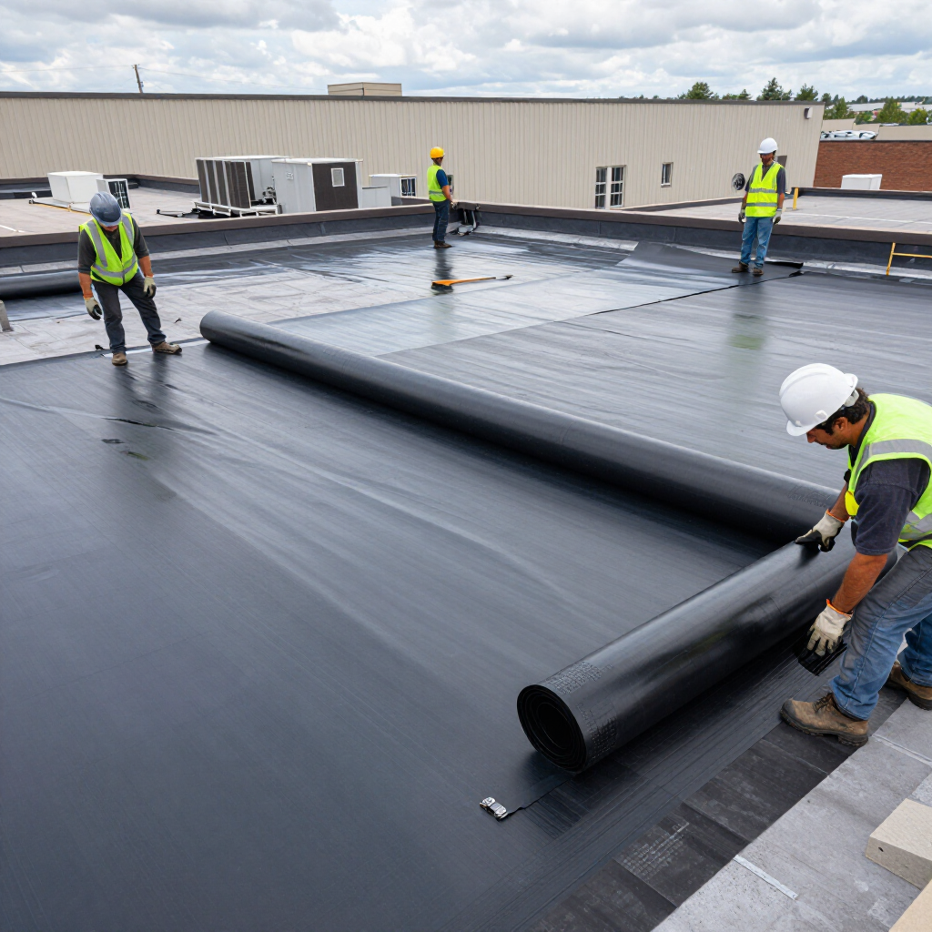 Four workers in high-visibility vests install black roofing material on a flat commercial building roof.