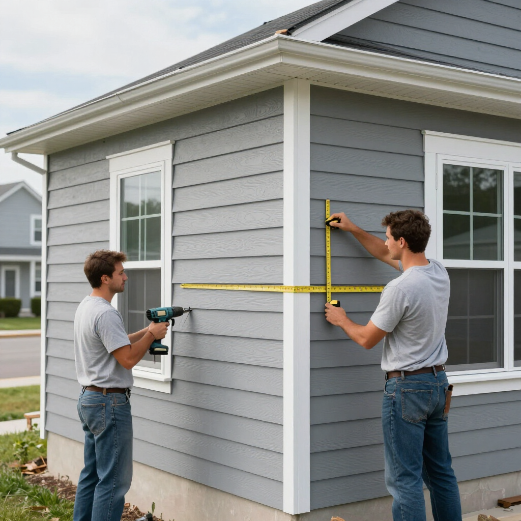Two construction workers measure and work on the exterior wall of a gray house.
