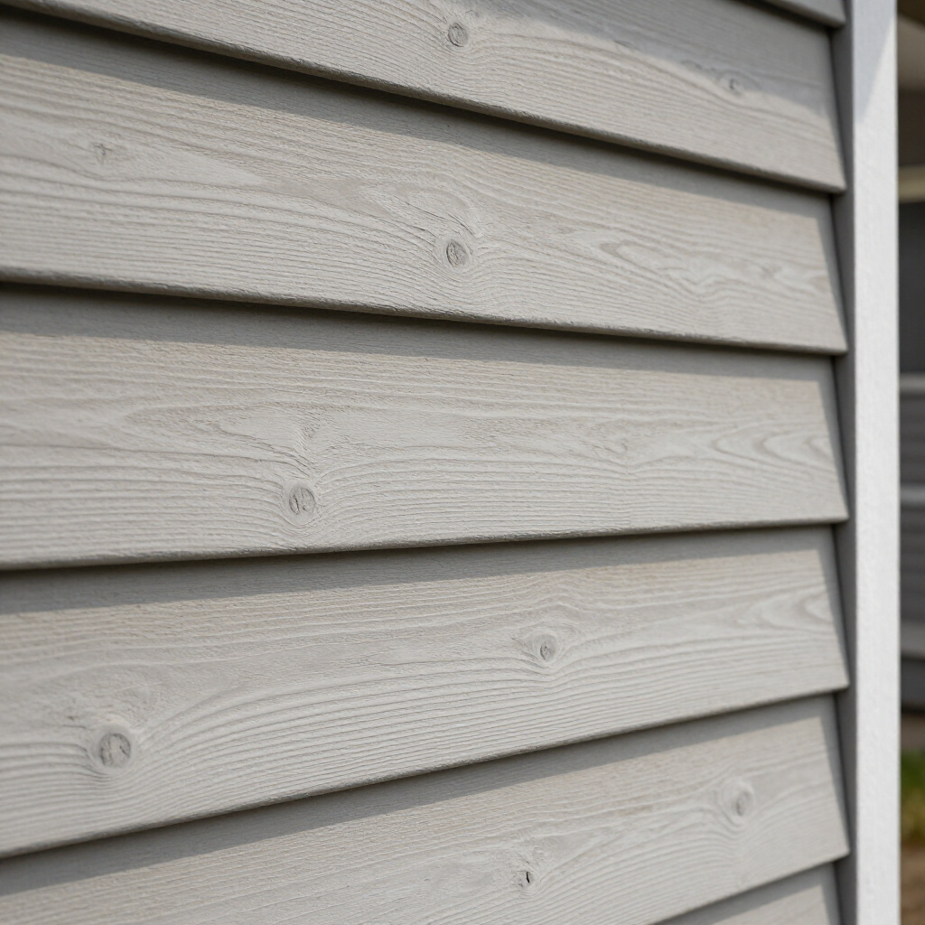 Close-up of light gray horizontal lap siding with a textured wood grain pattern and visible knots.