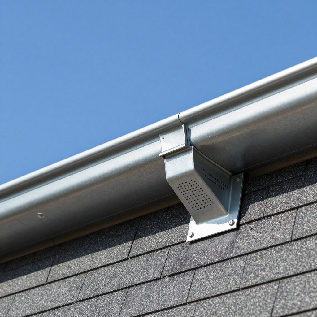Metal gutter system attached to a shingled roof with a perforated mounting bracket against a clear blue sky.