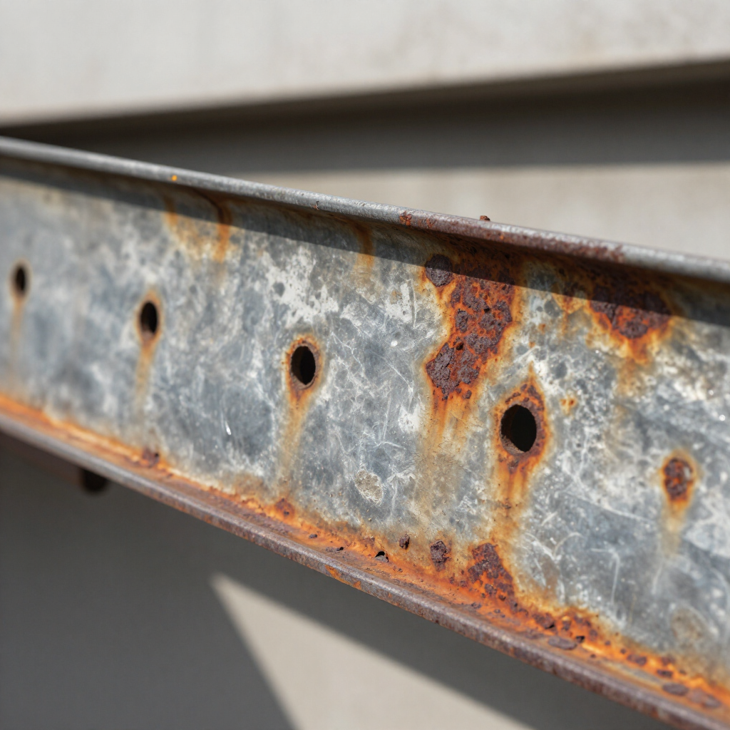 A rusted, galvanized metal beam with a row of circular holes, set against a plain, light-colored background.