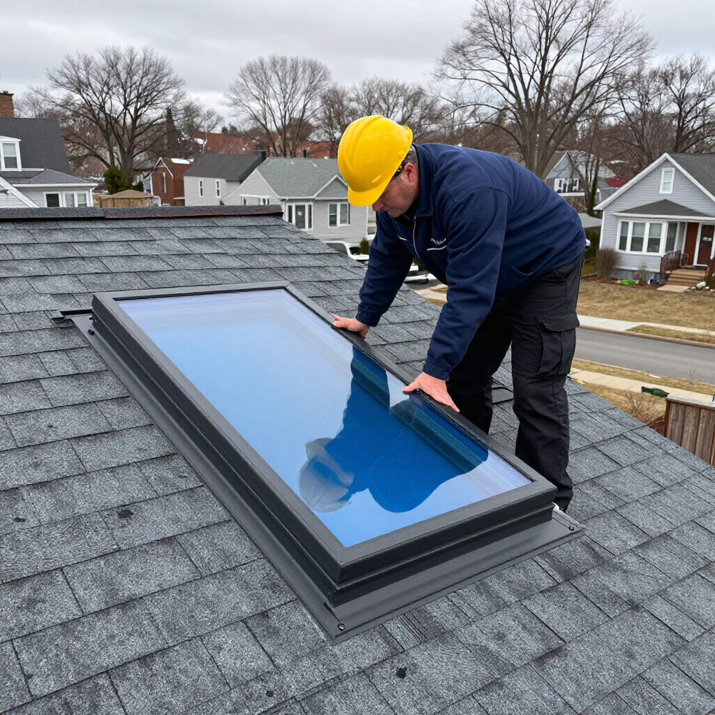 A worker in a yellow hard hat and blue jacket installs a rectangular skylight on a gray shingled roof.