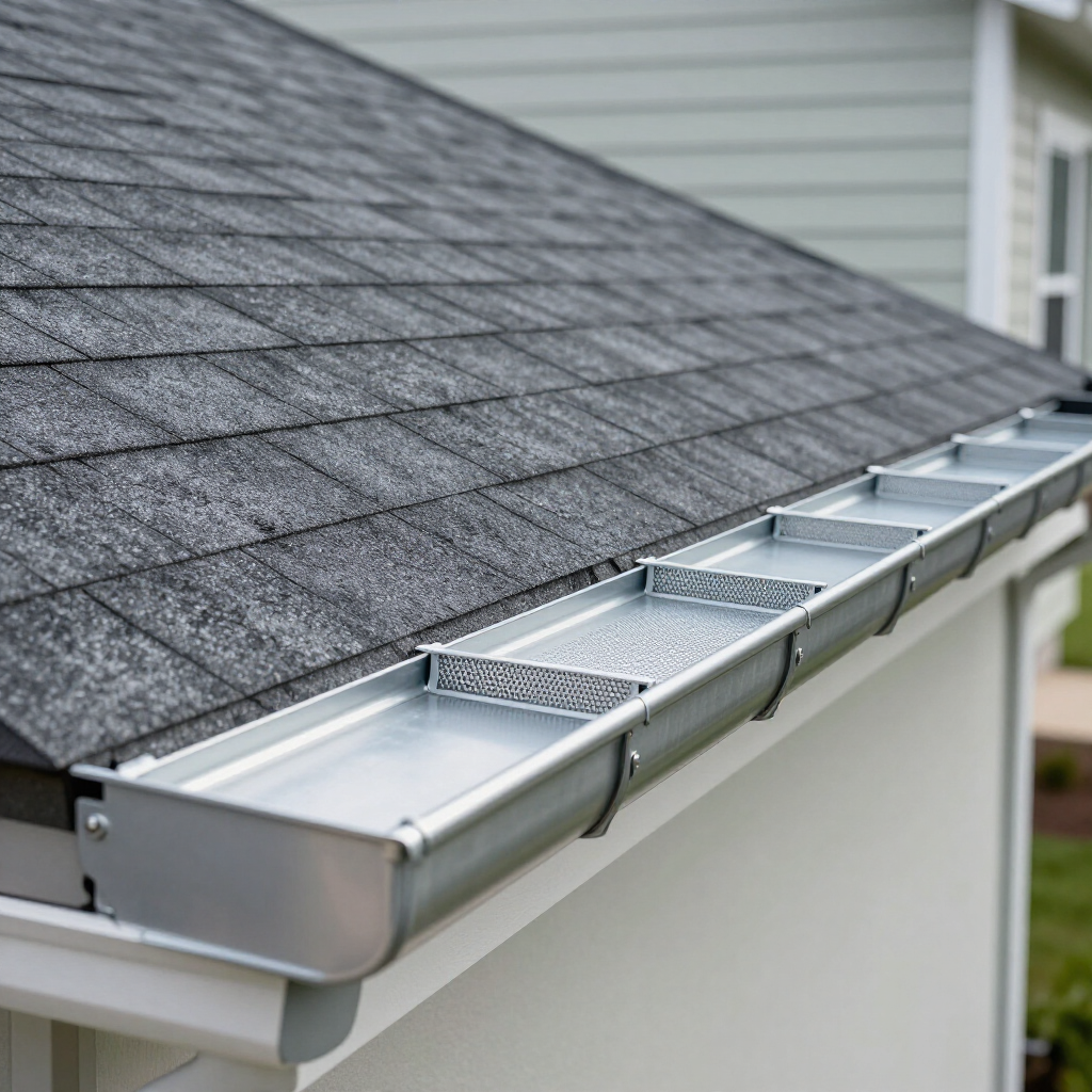 A silver metal gutter system with built-in mesh debris guards installed along the edge of a shingled residential roof.