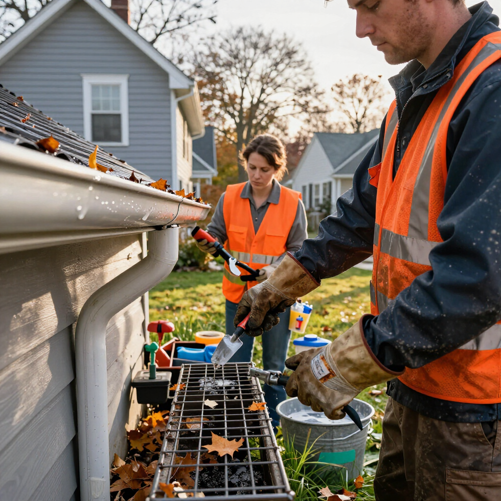 Two workers in orange safety vests clean debris from a house gutter and an outdoor metal drain grate.