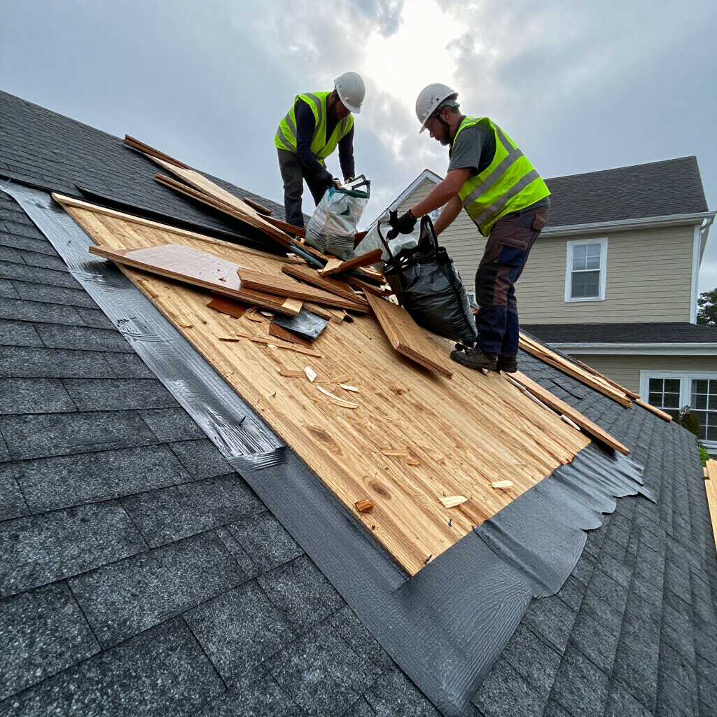 Two workers in safety gear and hard hats replace wooden roof panels on a house under a cloudy sky.