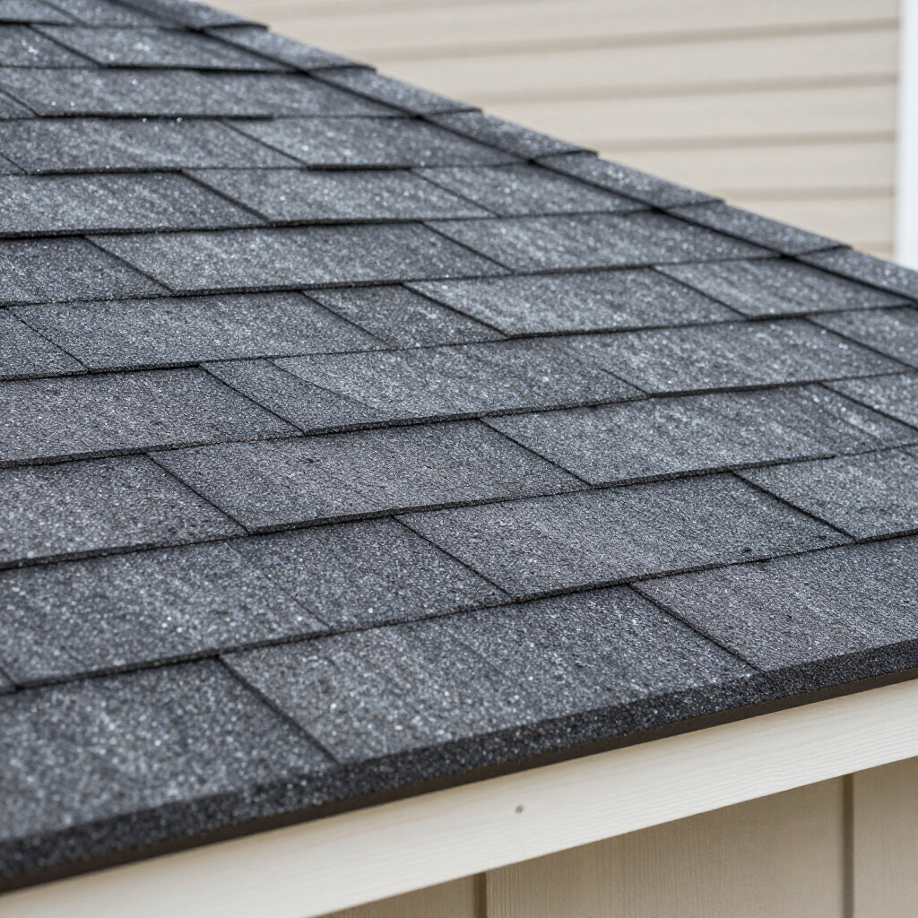 A close-up view of dark grey asphalt shingles on a roof edge, with light-colored siding visible in the background.