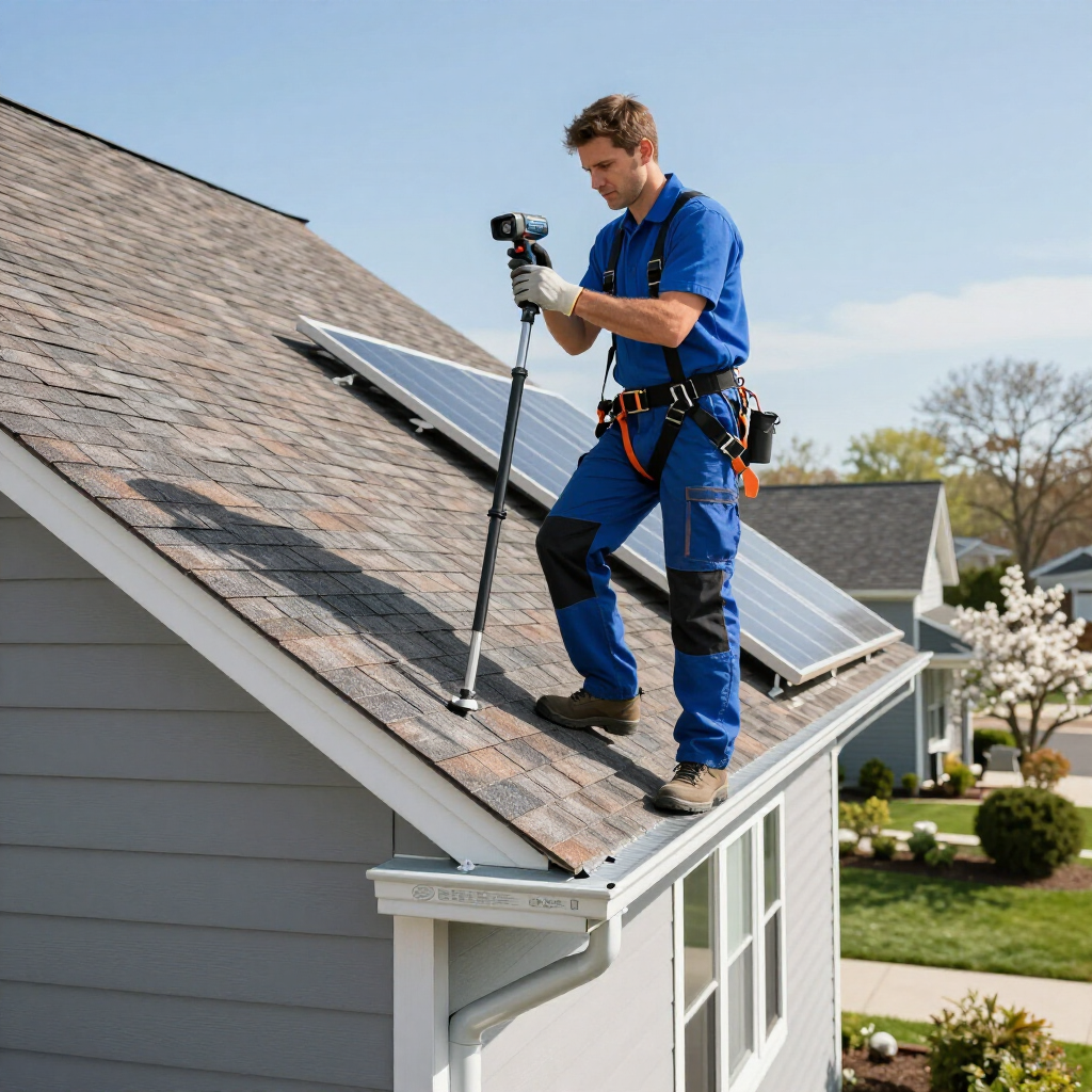 A technician in blue workwear and a safety harness uses a pole-mounted camera to inspect solar panels on a shingled roof.