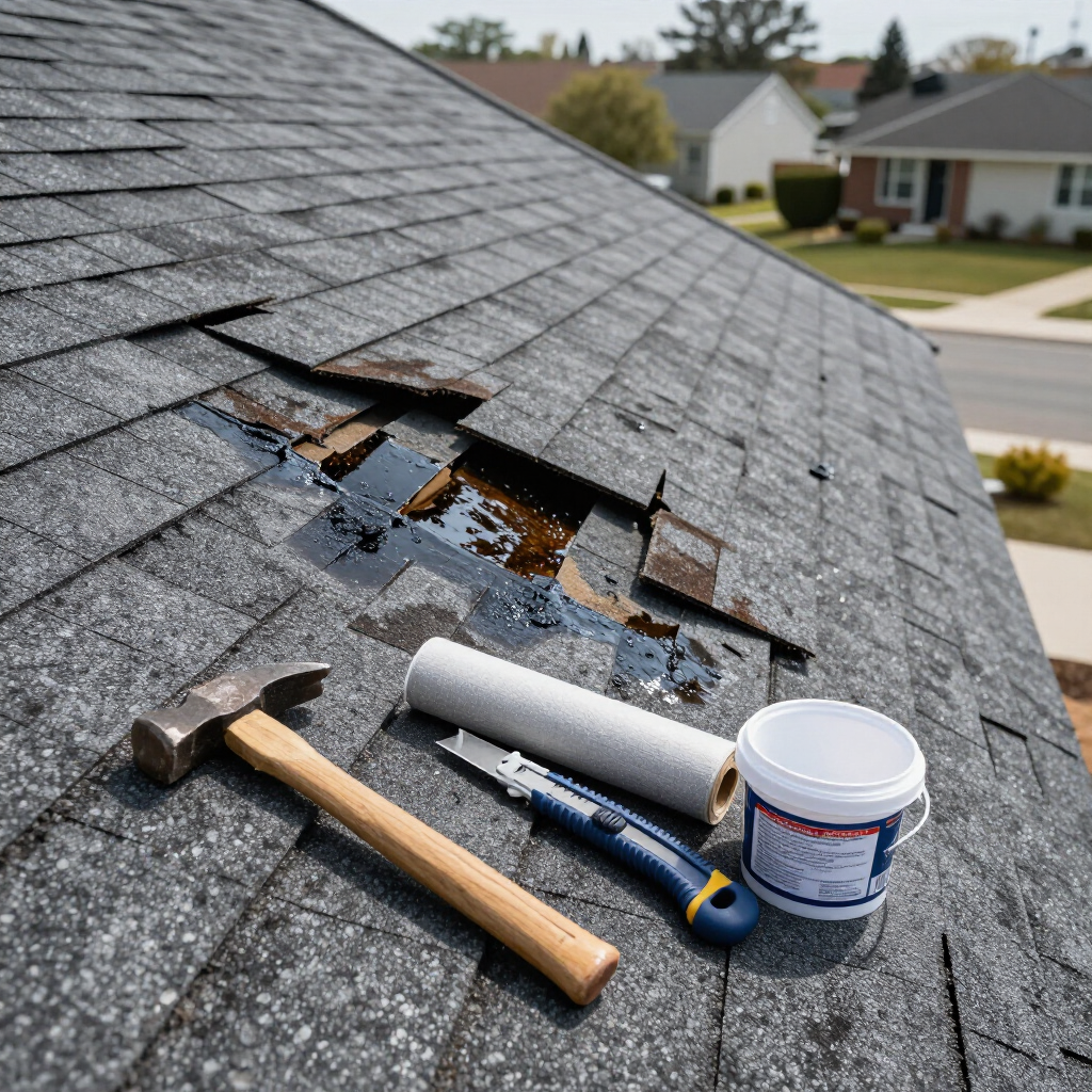 A hammer, utility knife, and bucket of adhesive sit on a damaged asphalt shingle roof during repairs.