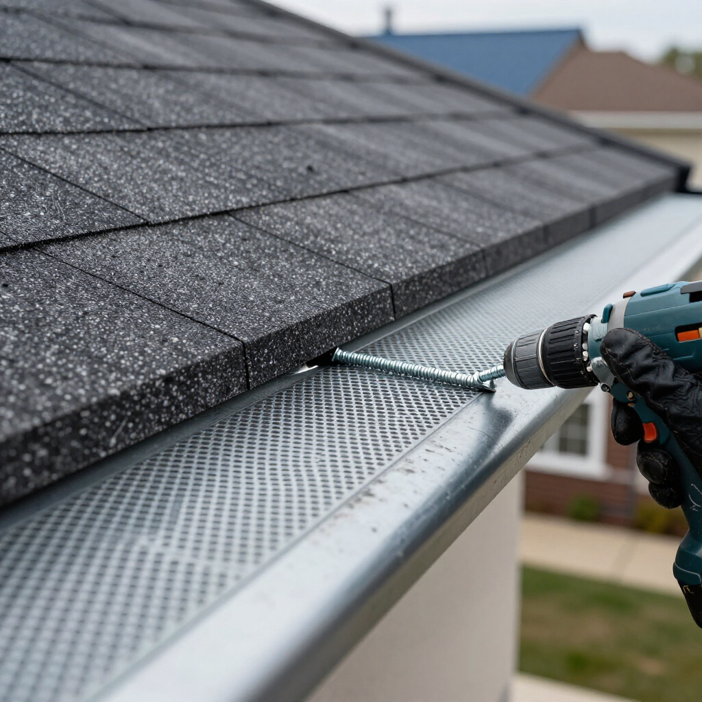 A gloved hand uses a power drill to install a metal gutter guard along the edge of a shingled roof.