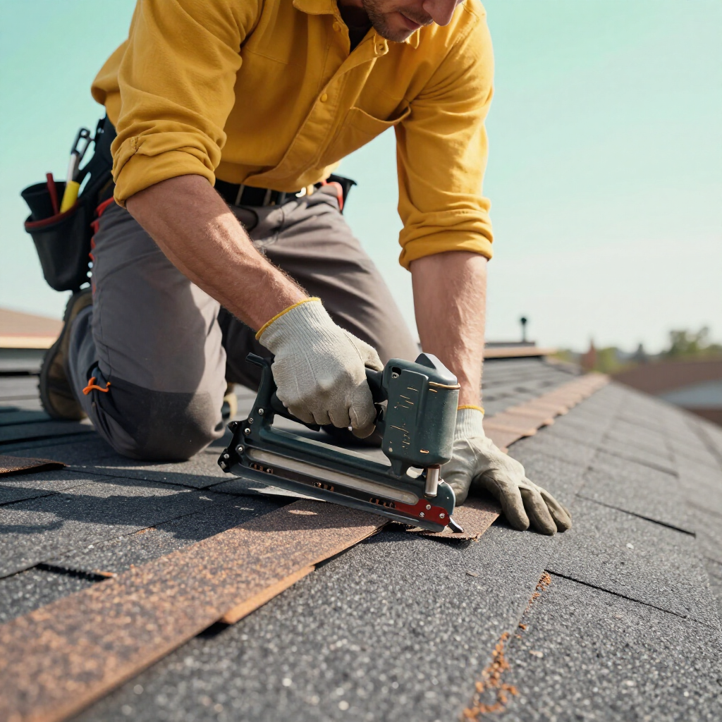 A person wearing a yellow shirt and work gloves uses a nail gun to install asphalt shingles on a sloped roof.