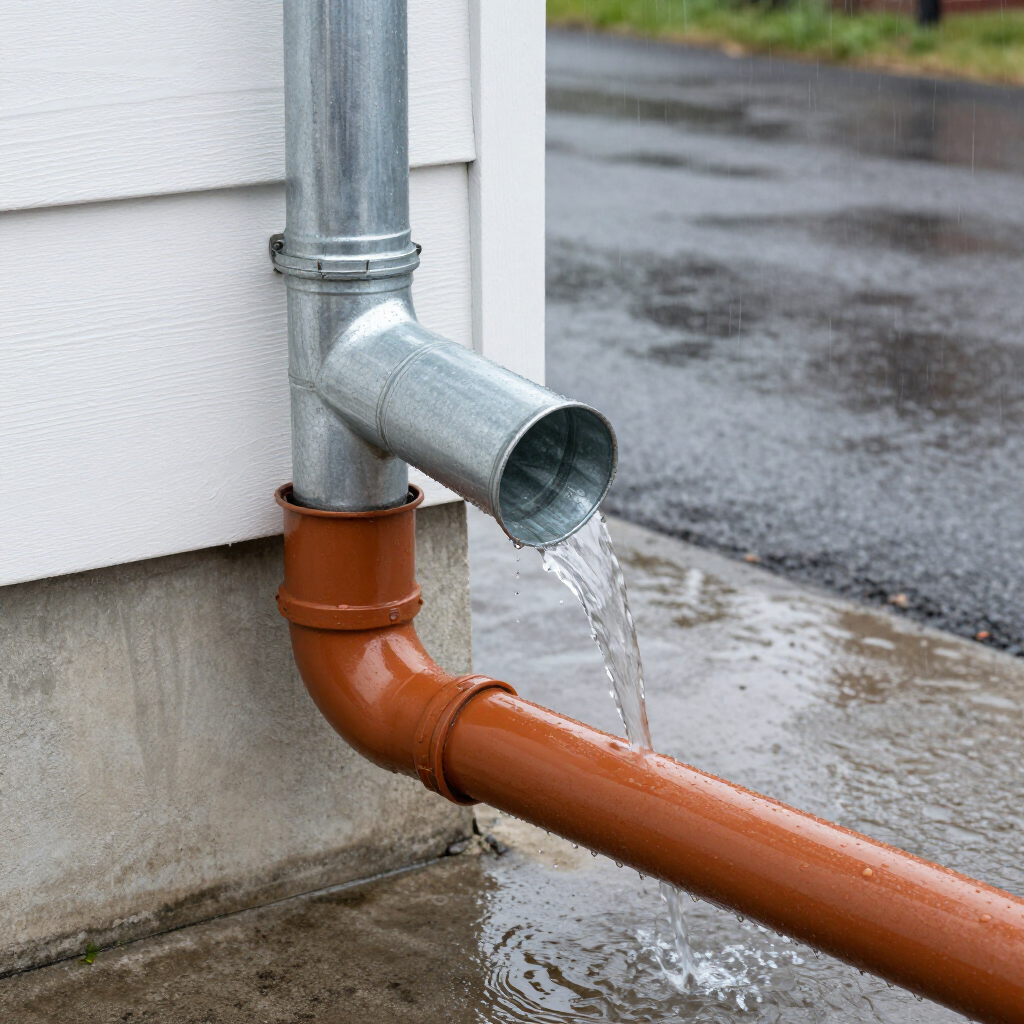 Water overflows from a metal downspout diverter into a brown plastic pipe against a building wall.